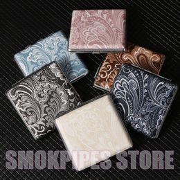 Pretty Colourful Pattern Leather Tobacco Cigarette Case Portable Storage Box Rubber Band Clamp Clip Protective Shell Smoking Holder Stash House Container