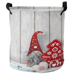 Laundry Bags Christmas Gnome Wood Grain Snow Dirty Basket Foldable Waterproof Home Organiser Clothing Kids Toy Storage