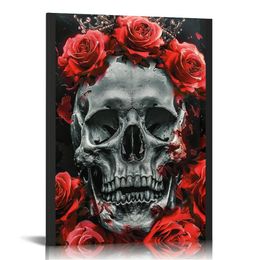 Human Skull Canvas Wall Art Sugar Skull with Red Rose Flower Painting Pictures Gothic Halloween Prints Artwork for Living Room Bedroom Wall Decor Ready to Hang