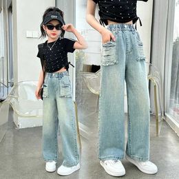 Trousers Girls ripped jeans Korean style fashion all-match straight loose jeans washed distressed hot girl style wide-leg pants 6-15y Y240527