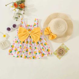 Girl's Dresses 2pcs Baby Girls Cute Strawberry Graphic Print Thin Strap Bowknot Dress Hat Set Clothes H240527 G8EP
