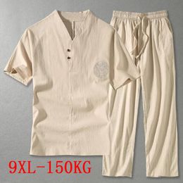 Mens Clothing Large Size Home Husband Summer Suit Linen tshirt Fashion Male Set Chinese Style 8XL 9XL plus Two Pieces 240529