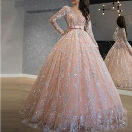 Sparkly Sequined Lace Ball Gown Prom Dresses Simple Scoop Neck Long Sleeve Tulle Floor Length Evening Gown vestidos de gala 3220