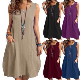Casual Dresses Women's Solid Color Cotton Linen Sleeveless Dress Soft Comfortable Loose A-line Beach Holiday Streetwear
