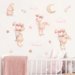 Wall Decor Pink Cartoon Bunny Moon Clouds Stars Watercolour Nursery Stickers Vinyl Children Wall Decals Art Print Kids Girls Room Home Decor d240528