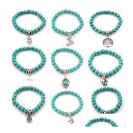 Charm Bracelets Turquoise Beads Tree Owl Dolphin Cross Palm For Man Women Jewellery Accessories Drop Delivery Dhiz3