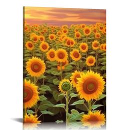 Large Canvas Wall Art Field of Blooming Sunflowers Posters Prints Sunset Landscape Pictures Modern Home Decor Stretched and Framed Ready to Hang