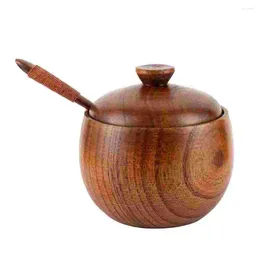 Dinnerware Sets Container Monosodium Glutamate Kitchen Spice Jar Salt Shaker Utensils Bowl With Spoon Condiment Pots Wooden