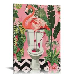 Pink Flamingo on Toilet Bathroom Canvas Prints Wall Decor Botanical Flamingo Canvas Art Sign Canvas Poster Picture Gifts for Home Bathroom Decor