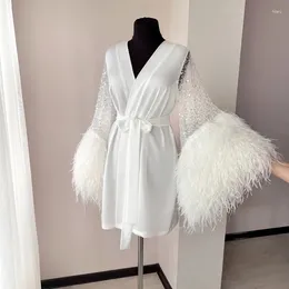 Home Clothing Luxury Bridal Short Robe Wedding Day Diamond Feather Dressing Gown Silk Satin White Boudoir Bride To Be Lingerie