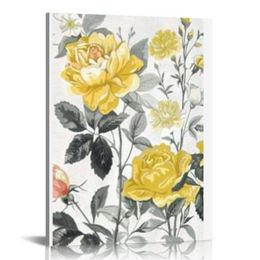 Rustic Yellow Flowers Wall Art Farmhouse Wall Decor Vintage Kitchen Picture Gray and Yellow Rose Painting Canvas Artwork Print Bathroom Bedroom Decoration