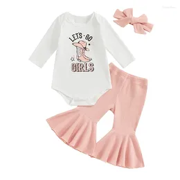 Clothing Sets Baby Girls Western Clothes Long Sleeve Bodysuit Ribbed Flared Pants Bell Bottoms Headband 3pcs Cowgirl Outfit