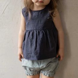 Tank Top Girls retro forest cotton and linen vest summer new back button A-Line pleated hem childrens shirt casual linen sleeveless top Y240527