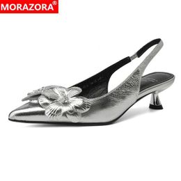 Dress Shoes MORAZORA 2024 New Genuine Leather Shoes Womens Sandals Silver Pink Pointed Toe Womens Office Party Shoes Slingpacks Womens ShoesL2405