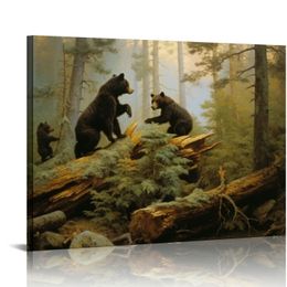 The Morning in A Pine Forest Bears Canvas Art Poster and Wall Art Picture Print Modern Family Bedroom Decor Posters