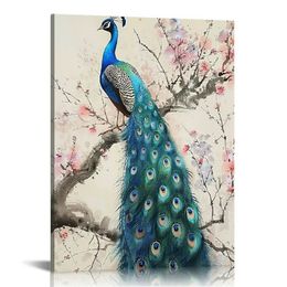 Blue Peacock Wall Art Beautiful Animal Canvas Prints Elegant Proud Peacock Picture Living Room Bathroom Bedroom Decor Frame