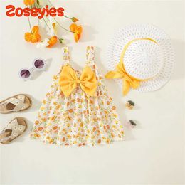 Girl's Dresses 2023 ldrenS Summer Dress Bowknot Korean Version Floral Daily Wear Suspender Knee-Length Skirt+Sunshade Cap 2 Pieces/Set H240527