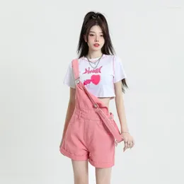 Women's Shorts Summer Pink Wide-Legged Back Strap Denim Women High Waisted Loose Fashion Versatile Overall Ladies Casual Jumpsuit