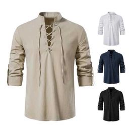 Men's Casual Shirts 2024 New Men Long-Sleeved V-neck T-shirt Cotton and Linen Led Casual Mens T-shirt Shirt Male Breathable Front Lace Up Shirts z240528