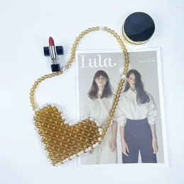 Shoulder Bags Customised Beaded Pearl Love Design Handbag Handwoven Summer Peach Heart Fashion Mini Lipstick Wallet Women's