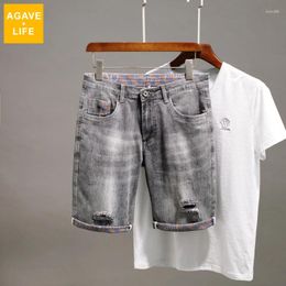 Men's Jeans Summer Denim Shorts High Street Men Casual Straight Short Pants Slim Stretch For Solid Colour Mid Length Trousers