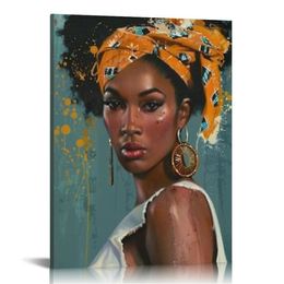 African American Women with Golden Earrings Paintings Modern Wall Art Picture Afro Posters Prints for Living Room Office Bedroom Decoration Framed Ready to Hang