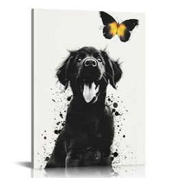 Dog Animal Wall Art for Room Butterfly on Dog Nose Kids Bed Room Wall Decor Black and White Puppy Prints Picture for Pet Shop