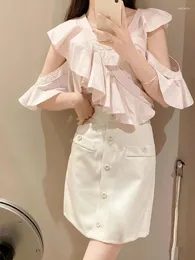 Women's Blouses Japanese Style 2024 Summer Tops V-neck Shirt Off-Shoulder Ruffled Short Sleeve Fashion Casual Blouse