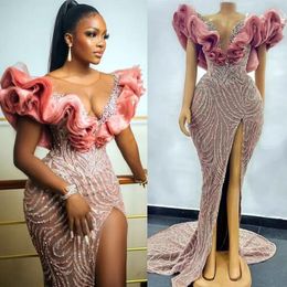 2022 Plus Size Arabic Aso Ebi Luxurious Mermaid Sequined Prom Dresses Beaded Crystals Sheer Neck Evening Formal Party Second Reception 242b