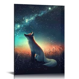 Djur Canvas Wall Art - Moderna affischer Tryck - Starry White Fox Pictures Wall Decor Funny Artwork Decoration for Home Office