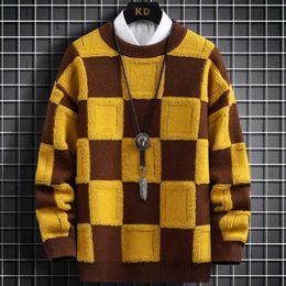 Men's Sweaters New Fall Winter Korean Style Mens Pullovers Sweaters High Quality Thick Warm Cashmere Sweater Men Luxury Plaid Pull Homme 2023 Q240527