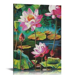 Pink and White Lotus Flower Wall Art Bathroom Canvas Painting Blooming Botanical Floral Poster Print Artwork for Restroom Bedroom Living Room