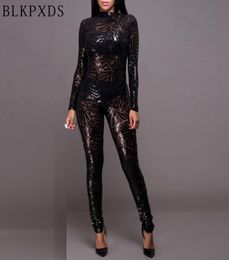 Whole New Summer Style Black Turtleneck Long Sleeve Sequin Sequined Women Jumpsuit Bodysuit Sexy Jumpsuits for women Clubwear3052791