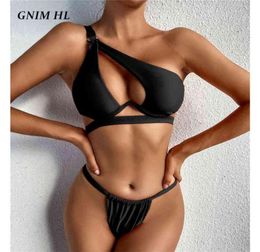 GNIM Sexy Hollow Out Swimwear Women Push Up Bikini Mujer One Shoulder Solid Thong Swimsuit Female 2 Piece Micro Bather Suit 2106258552620