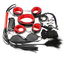 Bondage Happy Sex With Your Wife Set Cotton Red BDSM Restraint Gear Leather Handcuffs Footcuffs Whip Collar For Adult Dropship5243689