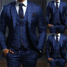 Men's Suits Navy Blue Plaid Luxuly Men Slim Fit Notched Lapel Groom Formal Tuxedos Prom 3 Pcs Sets Business Male Blazer Costume Homme