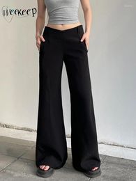 Women's Pants Weekeep Basic Black Casual V-shape Low Rise Loose Streetwear Y2k Capris Ladies Korean Fashion Trousers