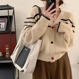 Women's Knits Apricot Stripe Love Button Knitted Long Sleeve Top 2024 Autumn/Winter Big Size Loose Casual Elastic Cardigan Sweater Jacket