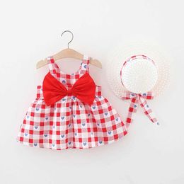 Girl's Dresses Summer New Baby Girl Dress With Halder Bow Plaid Pattern Love + Hat Big Sleeveless Sweet Princess H240527 XJG4