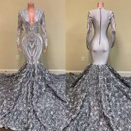 Silver African Girls Long Prom Dresses Mermaid V Neck Full Sleeve 3D Flowers Train Women Formal Party Evening Gown Bc12544 0528