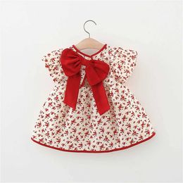 Girl's Dresses Summer baby girls dress floral big bow decorative bubble sleeve knee-length daily cotton skirt H240527 YQHF