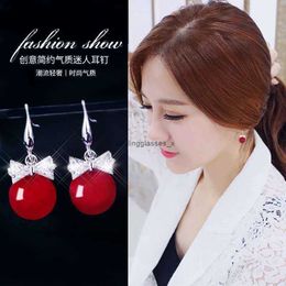 2024 925 Silver Red Pearl Earrings Luxury Bow Knot Zircon Versatile Mesh Tide People and for Celebrities