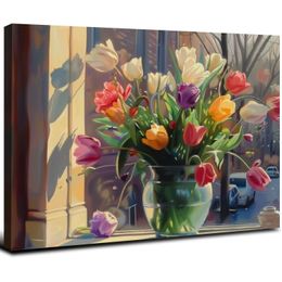 Farmhouse Decor Canvas Wall Art Rustic Wall Decor Floral Themed Paintings Tulip Bouquet Pictures Artwork Wall Art Easy Hanging