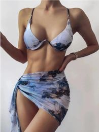 Women's Swimwear 3 Pieces Set Swimsuit Women Thong Push Up Bikini With Sarong Skirt Beach Cover-Up Biquinis Bathing Suit