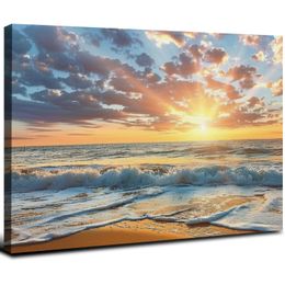 YP2150 Beach Wall Art Morning Sunrise Sky Ocean Beach Waves Scenery Modern Artwork for Office Wall Decor Home Decoration Stretched and Framed Ready to Hang