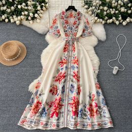 High end womens clothing 2024 summer new French style lapel short sleeved waistband single breasted printed elegant dress