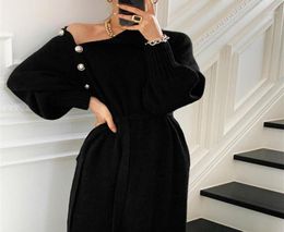 Casual Dresses Designer Black Knitwear Sweater Dress Women 2022 Pollover Thick Knitted Woman Korean Warm Winter Jumper Solid7529174