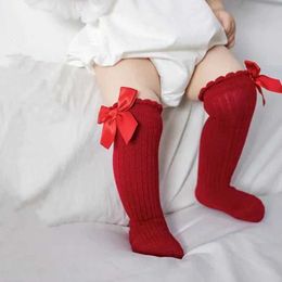Kids Socks Red Bow Tie Knee High Tube Socks Girls Christmas Stockings Infants Toddlers Soft Cotton Children Non Slip Floor Socks Baby Gift d240528