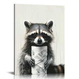 Funny Raccoon Bathroom Wall Art Decor Modern Black and White Animal Canvas Prints Framed Raccoon Posters for Guest Bathroom Restroom Decoration