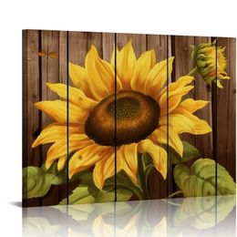 Large Vintage Sunflower Canvas Wall Art Yellow Flower Still Life Rustic Brown Home Kitchen Wall Decorations Stretched and Framed Ready to Hang